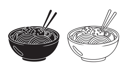 Black and white ramen bowls with chopsticks silhouette on transparent
