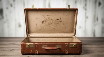 An old, open brown leather suitcase with a worn, beige interior and metal clasps on a wooden table.