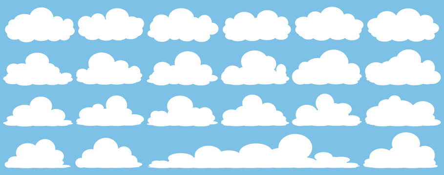 set of vector illustrations of clumpy clouds, cloud bubbles in flat style on a blue background
