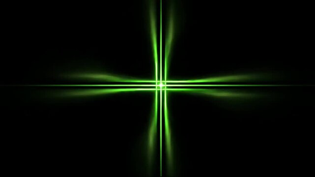 Green light beams intersecting in a dark environment from a central viewpoint in a video