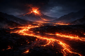 夜の火山地帯に流れる溶岩の壮大な風景