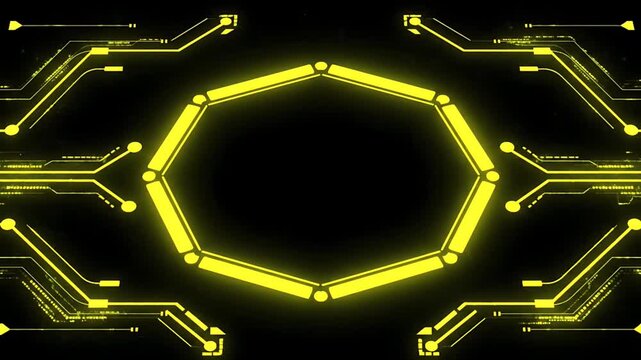 Futuristic circuit board with glowing neon lines and nodes in a hexagonal pattern viewed from directly above in a dark environment