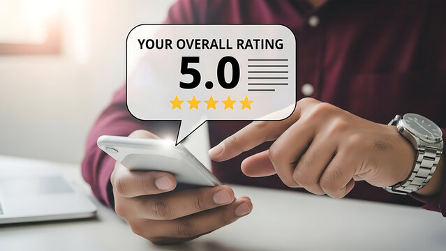 Perfect Five Star Rating and Overall Customer Satisfaction Score Displayed on Mobile Phone Interface - Powered by Adobe