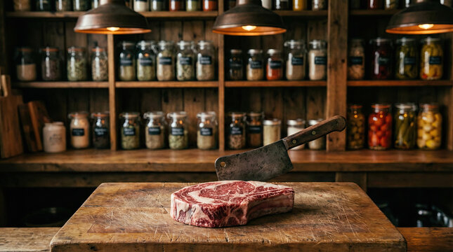 Raw beef steak waits on rustic butcher block