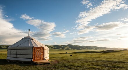 A traditional Mongolian ger tent in a vast, open landscape with rolling hills and a clear blue sky.