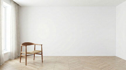 Fototapeta premium Calm empty room with wooden chair and white wall