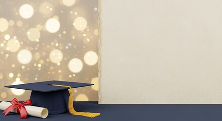 A graduation cap and diploma on a blue surface with a bokeh background.
