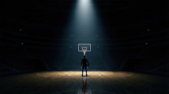 Aspirational basketball player in dark court under light