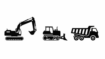 Construction vehicles silhouette set excavator bulldozer dump truck. © Reva
