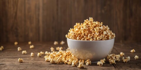 Caramel popcorn overflowing from white bowl on rustic wooden table, creating cozy and inviting snack scene.
