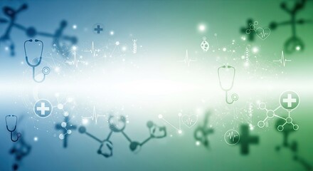 Medical icons and symbols on a green and blue gradient background.