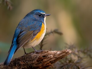 森の枯れ木の上で周りを見渡しているルリビタキの雄のクローズアップ