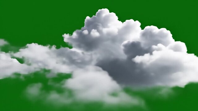 Isolated puffy white and gray cloud with dark undersides on a solid green background