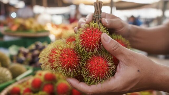 Rambutan fruit tropical market fresh produce red spiky peel exotic fruit organic harvest hand holding street vendor natural texture summer season