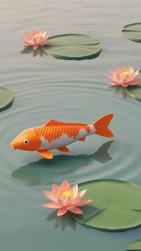 orange koi carp gliding through a minimalistic zen pond with soft water ripples