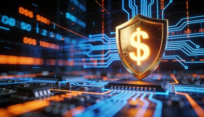 Golden Shield with Glowing Dollar Sign on Blue Circuit Board. 3D Concept of Digital Financial Security, Online Banking Protection and Safe Electronic Money Transfer on High Tech CPU Background.