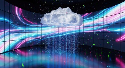 Abstract depiction of cloud computing with vibrant neon backdrop and rain effect