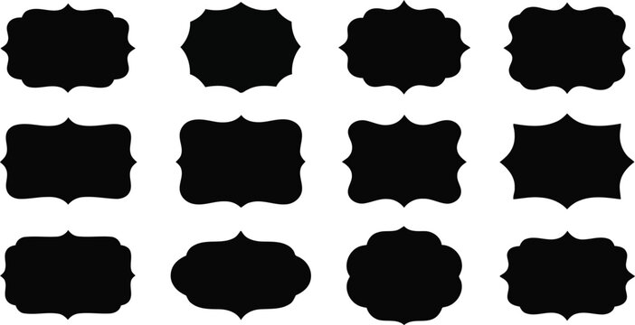 Diverse collection of twelve solid black decorative frames and labels in various elegant shapes