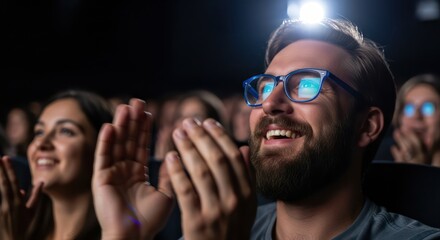 Captivated audience applauding a performance with reflected light in eyewear showcases shared
