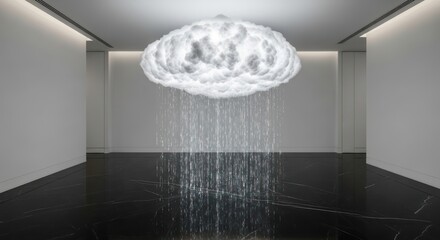 Captivating rain installation art with a luminous cloud suspended in a modern space creates a