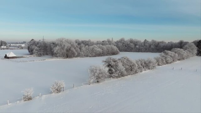 Aerial footage of a deeply snow-covered landscape outside Hamburg