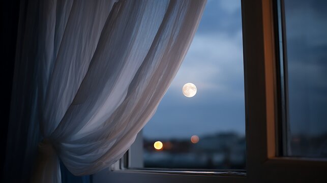 High quality image of view of a full moon through white curtains from an open window at night.