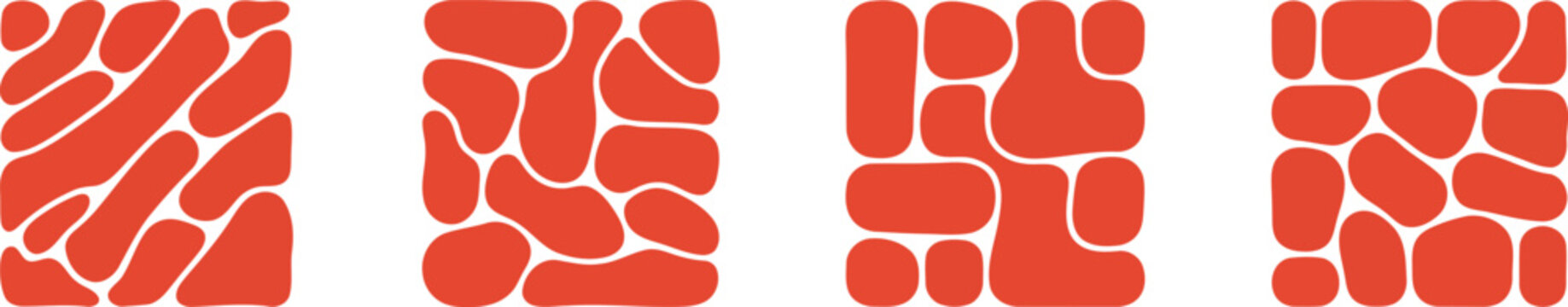 Four rectangular sections displaying collections of irregular red organic rounded shapes on a white background