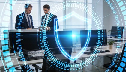 Glowing Cyber Security Shield Hologram in Modern Business Office. Blue Neon Digital Protection Icon with Corporate Team Background. Network Safety, Data Privacy and Firewall Technology Concept.