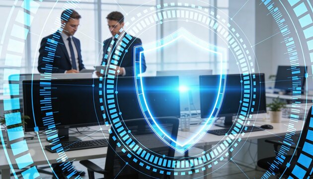 Glowing Cyber Security Shield Hologram in Modern Business Office. Blue Neon Digital Protection Icon with Corporate Team Background. Network Safety, Data Privacy and Firewall Technology Concept. - Powered by Adobe