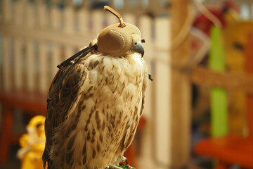 A bird sits on a stand with a eye cover .