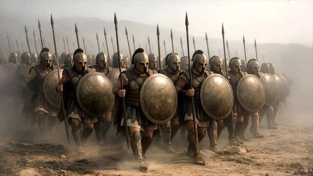 A group of Roman soldiers are marching quickly across the battlefield. Looped Video.