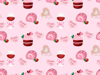 Valentine's Day seamless pattern featuring illustrations of a pink roll cake topped with a strawberry, a red velvet cupcake, a glass of red wine, a heart-shaped cup of coffee and heart-shaped candy