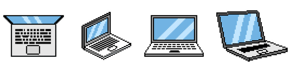 Obraz premium Set of pixel laptop vector for tech games. Ideal for computer icons, digital workspaces, retro 8-bit coding screens, and electronic device items.