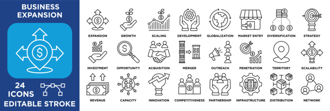 Business expansion icon collection set. Containing growth, scaling, market entry, strategy, investment, partnerships, innovation, revenue, and global development. line vector editable