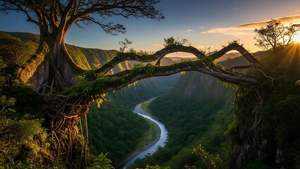 Obraz premium Serene River Valley Landscape at Sunset.