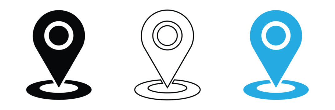 Location icons in black, line, and blue colors for navigation,Set Of Address place icon symbol. Location icon collection.Location pin icon set. Map pointer vector. Navigation marker.