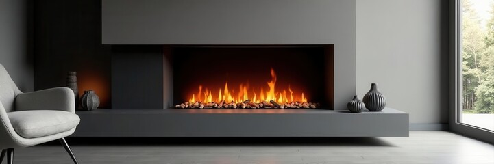 Modern minimalist fireplace with sleek black surround, hearth, heat