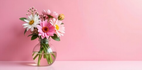 Naklejka premium Pastel pink setting, small arrangement of wildflowers in glass vase , image, natural light