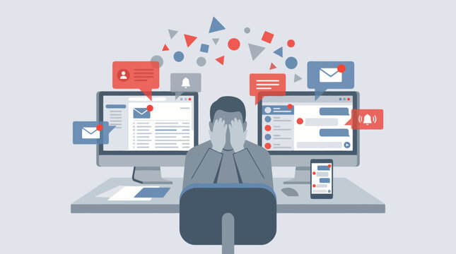 Person overwhelmed by digital notifications and social media on multiple screens.