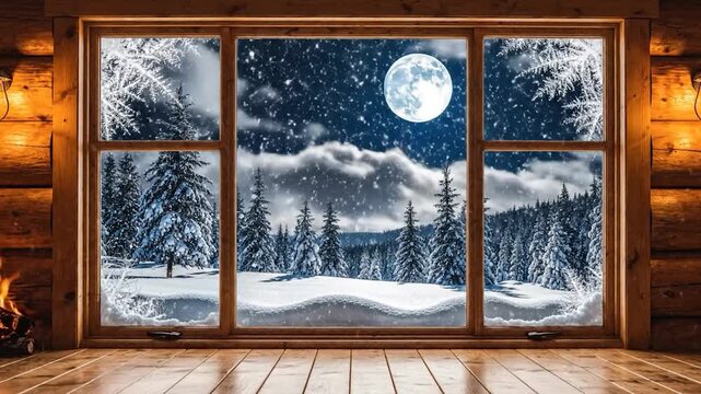 Cozy cabin interior view of a moonlit snowy winter forest through a rustic window frame