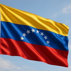 Obraz premium National flag of Venezuela waving in blue sky, Venezuelan pride symbol