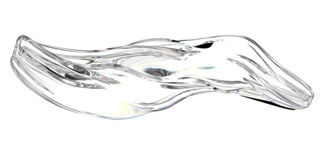 A dynamically flowing abstract form of transparent material, reflecting and refracting light, showcasing iridescent hues and glossy highlights on a transparent background.