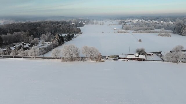 Aerial footage of a deeply snow-covered landscape outside Hamburg