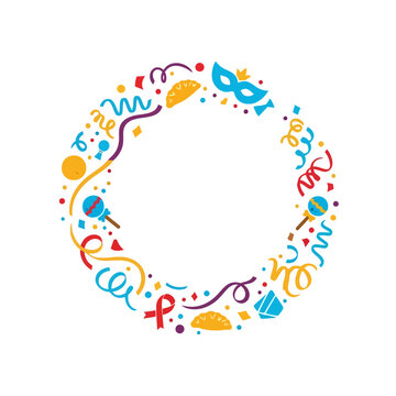 Purim celebration wreath with festive symbols and colorful confetti and streamers