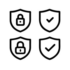 Set of security shield icons, security shields logotypes with check mark and padlock.. Security Shield Vector Line Icon Set. Security shield outline symbols with check mark and padlock.