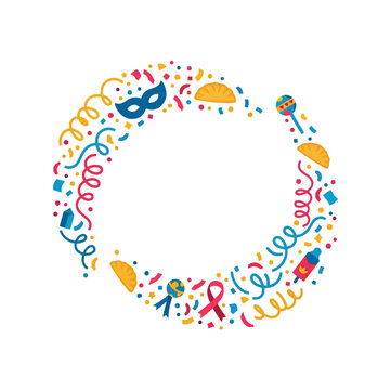 Circular arrangement of Purim festival elements and confetti for festive invitations