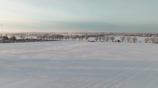 Aerial footage of a deeply snow-covered landscape outside Hamburg
