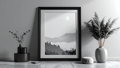 Fototapeta premium Minimalist Interior Decor with Framed Mountain Print and Vases.