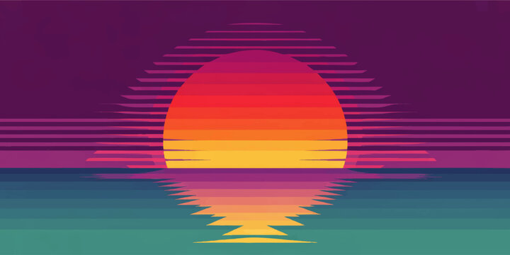 Vibrant retro sunset over ocean, vaporwave synthwave background with neon gradient sun reflection and futuristic horizon
