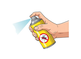 Obraz premium Hand holding aerosol can spraying insecticide with mosquito symbol